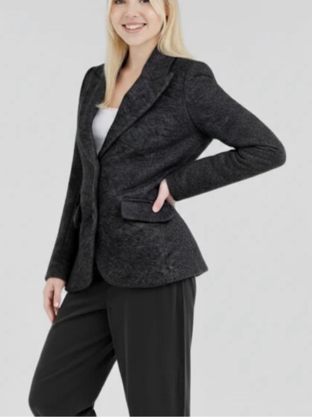 Womens Gray Textured Notch-Lapel Blazer